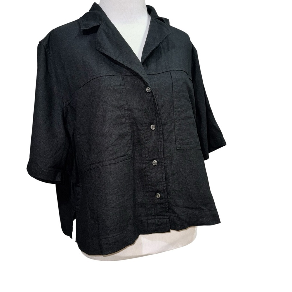 Universal Thread Women's L Large Cropped Button Down Top Linen Blend Black - Picture 3 of 6